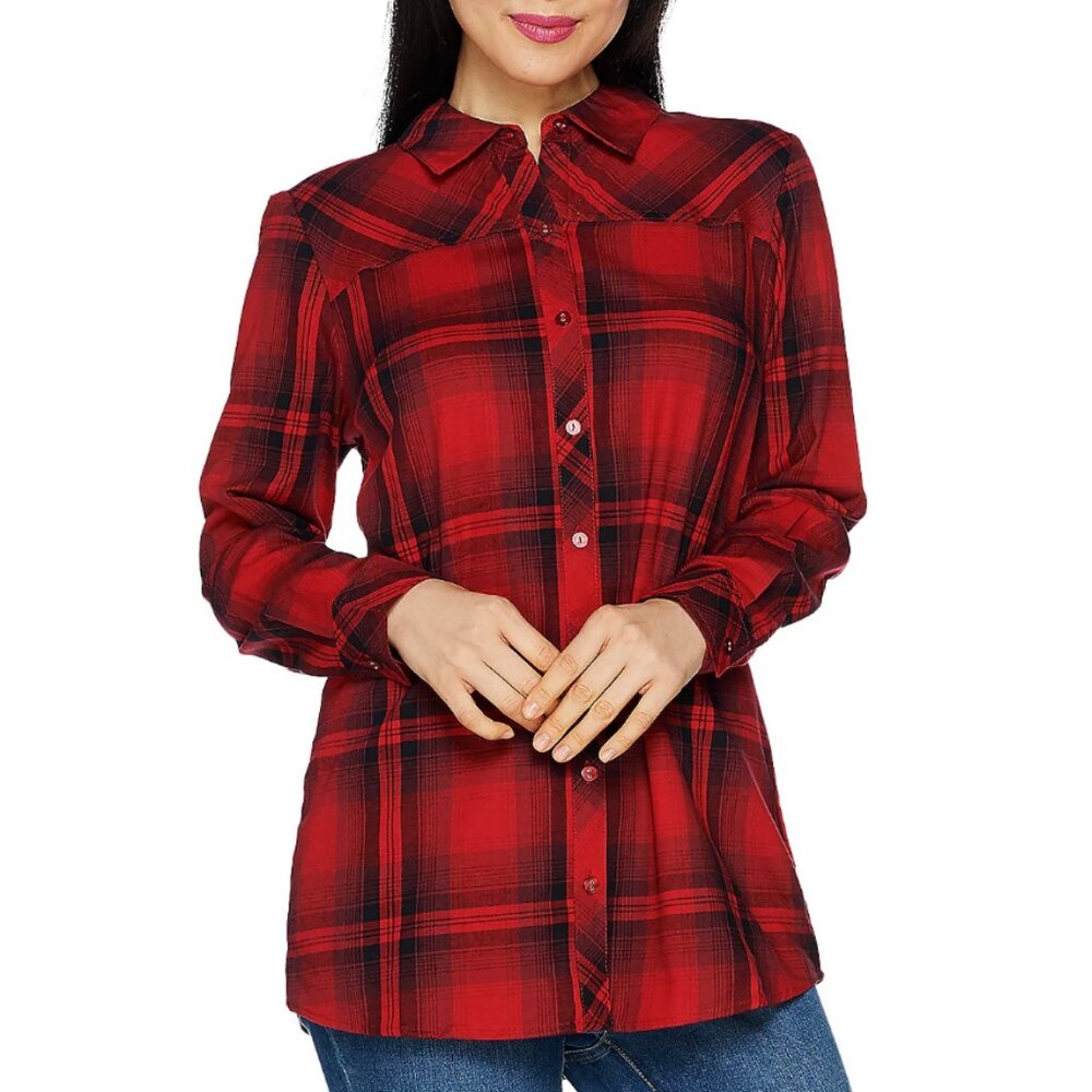 Denim & Co Plaid Long Sleeve Button Front Collared Shirt 8544 - Picture 1 of 1